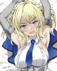 Rule 34 | 1girl, armpits, arms up, artist name, blonde hair, blue eyes, blue necktie, breasts, colorado (kancolle), cropped torso, dated, elbow gloves, gakky, gloves, grey eyes, grey gloves, kantai collection, large breasts, looking at viewer, necktie, on bed, one-hour drawing challenge, open mouth, short hair, sideboob, sleeveless, solo
