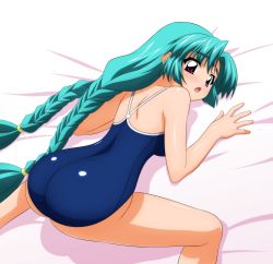 Rule 34 | 1990s (style), all fours, ass, bed, blush, braid, canal vorfeed, green hair, highres, long hair, looking back, lost universe, one-piece swimsuit, purple eyes, school swimsuit, sugimura tomokazu, swimsuit, twin braids