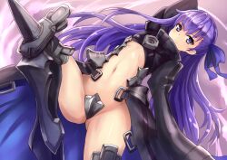 Rule 34 | 1girl, animal hood, blue ribbon, closed mouth, commentary request, crotch plate, fate/grand order, fate (series), flat chest, hair ribbon, hood, leg up, long hair, looking at viewer, meltryllis (fate), navel, penguin hood, prosthesis, prosthetic leg, purple eyes, purple hair, ribbon, sleeves past fingers, sleeves past wrists, solo, sumapan