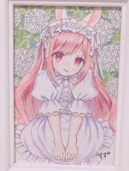 Rule 34 | 1girl, :d, animal ears, bow, chitosezaka suzu, dress, flower, frilled dress, frills, hairband, head tilt, highres, long hair, looking at viewer, open mouth, original, parted bangs, photo (medium), pink hair, puffy short sleeves, puffy sleeves, rabbit ears, red eyes, ribbon-trimmed hairband, short sleeves, signature, smile, solo, traditional media, very long hair, white bow, white dress, white flower, white hairband