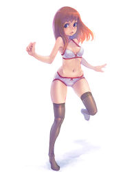 Rule 34 | 1girl, blue eyes, bra, brown hair, lingerie, panties, simple background, solo, striped clothes, striped panties, thighhighs, underwear, underwear only, weno