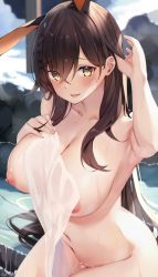 Rule 34 | 1girl, absurdres, animal ears, arm up, armpits, azur lane, blush, braid, breasts, brown hair, chikuma (azur lane), collarbone, commentary request, completely nude, covering privates, day, dripping, hair between eyes, hand in own hair, hand on own chest, highres, holding, holding towel, large breasts, legs together, long hair, looking at viewer, mole, mole under mouth, navel, nipples, nude, nude cover, onsen, open mouth, outdoors, rabbit ears, signature, sitting, solo, towel, u ronnta, very long hair, water, wet, wet hair, yellow eyes