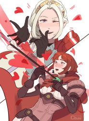 Rule 34 | 2girls, artist request, black gloves, blush, breasts, cape, closed mouth, dress, edelgard von hresvelg, female focus, fire emblem, fire emblem: three houses, fire emblem warriors: three hopes, gloves, hair ornament, hair ribbon, heart, heart-shaped pupils, highres, long hair, long sleeves, looking at viewer, matching hair/eyes, monica von ochs, multiple girls, nintendo, official alternate hairstyle, one eye closed, open mouth, purple eyes, red eyes, red hair, ribbon, short hair, simple background, smile, symbol-shaped pupils, upper body, white hair, wink, yuri