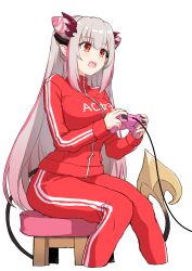 Rule 34 | :d, alternate costume, breasts, controller, cropped legs, demon tail, game controller, grey hair, headgear, highres, holding, holding controller, holding game controller, indie virtual youtuber, jyaco, large breasts, long hair, multicolored hair, on stool, open mouth, pants, pink hair, pointy ears, red eyes, red track suit, sitting, smile, streaked hair, suou patra, sweatpants, tail, track suit, virtual youtuber
