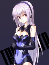 Rule 34 | 10s, 1girl, arnval mk2, bare shoulders, black gloves, blue background, bodysuit, breasts, busou shinki, character name, cleavage, cleavage cutout, clenched hand, clothes writing, clothing cutout, covered navel, cowboy shot, doll joints, elbow gloves, expressionless, from side, gloves, hair between eyes, headgear, joints, kurokawa (silve), leotard, long hair, looking at viewer, navel, purple hair, red eyes, silver hair, simple background, skin tight, solo, tempesta, very long hair