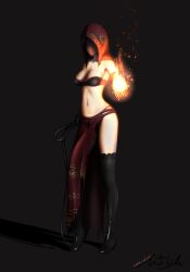 Rule 34 | 1girl, absurdres, bare shoulders, black gloves, black thighhighs, black veil, bra, breasts, brown bra, cleavage, covered face, dark souls (series), dark souls ii, desert sorceress, elbow gloves, energy ball, fire, fireball, gloves, highres, hood, looking at viewer, medium breasts, midriff, navel, nrww7577, red hood, skirt, smile, solo, standing, strapless, thighhighs, underwear, veil, whip marks, whipping