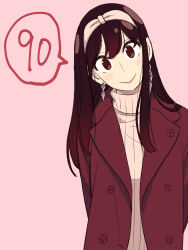 Rule 34 | 1girl, :&gt;, absurdres, arms behind back, black hair, closed mouth, coat, commentary request, earrings, endou tatsuya, gold earrings, hairband, head tilt, highres, jewelry, light blush, long hair, looking at viewer, official alternate costume, official alternate hairstyle, open clothes, open coat, pink background, pink hairband, pink lips, pink sweater, purple coat, red eyes, ribbed sweater, sidelocks, smile, solo, speech bubble, spy x family, sweater, turtleneck, turtleneck sweater, upper body, yor briar