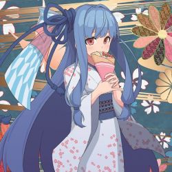 Rule 34 | 1girl, amekaze yukinatsu, blue hair, bow, character request, commentary request, copyright request, crepe, eating, eyebrows hidden by hair, floral background, floral print, food, food wrapper, fruit, hair bow, holding, holding food, japanese clothes, kimono, light blush, long hair, looking at viewer, low tied hair, lowres, pink eyes, solo, strawberry, very long hair, wide sleeves