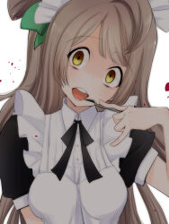 Rule 34 | 1girl, apron, blood, blood in hair, blood on clothes, blood splatter, bow, breasts, commentary request, empty eyes, fork, green bow, hair bow, holding, holding fork, indo curry, light brown hair, long hair, looking at viewer, love live!, love live! school idol project, maid, maid apron, maid headdress, minami kotori, open mouth, portrait, smile, solo, white background, yandere, yellow eyes