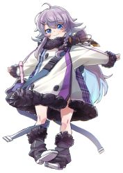 Rule 34 | 1girl, adapted costume, aged down, ahoge, black footwear, blue eyes, blue hair, blush, boots, clenched hands, colored inner hair, flute, fur trim, hair ornament, hairclip, head tilt, highres, instrument, jacket, long hair, multicolored hair, nijisanji, nijisanji kr, nun bora, nun bora (1st costume), purple hair, recorder, ruo19, smile, solo, virtual youtuber