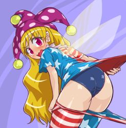 Rule 34 | 1girl, american flag dress, american flag legwear, ass, assisted exposure, bent over, blonde hair, blue background, blush, clothes lift, clothes pull, clownpiece, cowboy shot, dress, dress lift, dress pull, embarrassed, eyebrows, fairy wings, hat, jester cap, long hair, looking at viewer, neck ruff, open mouth, pantyhose, pantyhose pull, pink eyes, polka dot, school swimsuit, shiny clothes, shiny skin, short dress, short sleeves, simple background, solo, star (symbol), star print, striped clothes, striped pantyhose, swimsuit, swimsuit under clothes, touhou, very long hair, wavy mouth, wings, winn