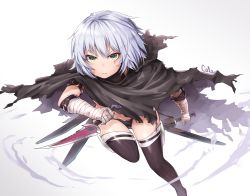 Rule 34 | 1girl, arm belt, bandaged arm, bandages, belt buckle, black cloak, black cola, black panties, black shirt, black thighhighs, buckle, cloak, closed mouth, dagger, dual wielding, facial scar, fate/grand order, fate (series), green eyes, highres, holding, holding knife, holding weapon, jack the ripper (fate/apocrypha), knife, leg up, looking at viewer, lowleg, lowleg panties, panties, reverse grip, running, scabbard, scar, scar across eye, scar on cheek, scar on face, serious, sheath, shiny clothes, shirt, short hair, signature, silver hair, simple background, solo, thighhighs, torn cloak, torn clothes, underwear, unsheathing, weapon, white background