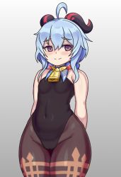Rule 34 | 1girl, aged down, ahoge, arms behind back, bare arms, bare shoulders, bell, black leotard, blue hair, blush, breasts, commentary, covered navel, ganyu (genshin impact), genshin impact, gradient background, grey background, hair between eyes, highres, horns, leotard, long hair, looking at viewer, nav (itsnav), neck bell, pantyhose, red eyes, simple background, small breasts, smile, solo, thick thighs, thigh gap, thighs, wide hips