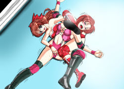 Rule 34 | 2girls, blush, boots, brown hair, corey sniper, corset, elbow pads, fingering, hair ribbon, knee pads, leotard, long hair, multiple girls, mutou megumi, octopus hold, open mouth, purple eyes, ribbon, rigid, saliva, submission hold, sweat, trembling, wrestle angels, wrestle angels survivor, wrestle angels survivor 2, wrestling, wrestling outfit, wristband, yuri