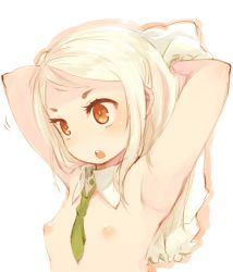 Rule 34 | 1girl, armpits, arms behind head, arms up, blonde hair, detached collar, flat chest, hikimayu, mota, necktie, nipples, no nose, open mouth, original, red eyes, simple background, sketch, solo, upper body, white background