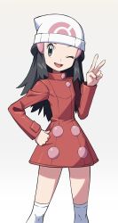 Rule 34 | 1girl, ;d, bad id, bad twitter id, beanie, black hair, buttons, coat, creatures (company), dawn (pokemon), eyelashes, game freak, grey eyes, hair ornament, hairclip, hand on own hip, hand up, hat, highres, knees, long hair, long sleeves, looking at viewer, nintendo, one eye closed, open mouth, over-kneehighs, pokemon, pokemon dppt, pokemon platinum, red coat, sidelocks, smile, solo, teeth, thighhighs, tongue, upper teeth only, v, white hat, white thighhighs, yoshi (moco1)