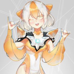 Rule 34 | 1girl, \m/, arm cutout, breasts, covered navel, double \m/, dress, fumiko (yayayale23), highres, looking at viewer, medium breasts, multicolored hair, one eye closed, orange dress, orange hair, personification, smile, solo, streaked hair, tokusatsu, two-tone dress, ultra series, ultraman r/b, ultrawoman grigio, white dress, white hair, yellow eyes