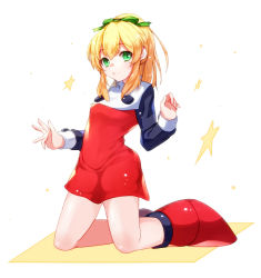 Rule 34 | 1girl, black shirt, blonde hair, boots, breasts, dress, full body, green eyes, green ribbon, hair ribbon, knee boots, kneeling, long hair, long sleeves, looking at viewer, mega man (classic), mega man (series), parted lips, ponytail, red dress, red footwear, ribbon, roll (mega man), sakuraba (cerisier x), shirt, sidelocks, small breasts, solo, star (symbol), turtleneck, turtleneck dress, undershirt, white background