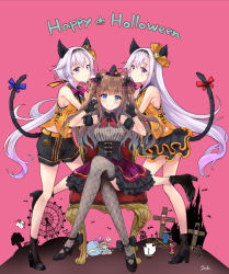 Rule 34 | .live, 6+girls, animal ears, bare shoulders, black footwear, black gloves, black hairband, black shorts, black skirt, black sleeves, blue bow, blue eyes, boots, bow, breasts, brown hair, carro pino, castle, cat ears, cat girl, cat tail, character request, claw pose, closed mouth, commentary, cross, crown, detached sleeves, english commentary, ferris wheel, gloves, grey shirt, grin, hair between eyes, hairband, halloween, hands up, happy halloween, high heel boots, high heels, kakyouin chieri, kemonomimi mode, latin cross, layered skirt, long hair, looking at viewer, medium breasts, mini crown, multiple girls, orange bow, orange shirt, pink background, pleated skirt, puffy short sleeves, puffy sleeves, purple eyes, purple skirt, red bow, shirt, short shorts, short sleeves, shorts, signature, silver hair, skirt, sleeveless, sleeveless shirt, smile, standing, standing on one leg, striped bow, striped clothes, striped shirt, suihi, tail, tail bow, tail ornament, tail raised, tilted headwear, vertical-striped clothes, vertical-striped shirt, very long hair, virtual youtuber