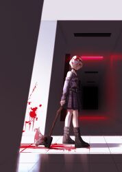 Rule 34 | 1girl, axe, bare shoulders, belt, black footwear, blonde hair, blood, blood stain, blood trail, bloody weapon, boots, clothing cutout, expressionless, full body, hair over one eye, hallway, highres, hockey mask, holding, holding axe, horror (theme), idolmaster, idolmaster cinderella girls, light, long hair, long sleeves, looking at viewer, mask, mask on head, oshinomiya, red eyes, shirasaka koume, short hair, shoulder cutout, skirt, solo, weapon