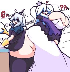 Rule 34 | 2girls, ass, breasts, bursting breasts, butt bump, cleavage, dishes, fang, gensin, grey hair, huge ass, huge breasts, mature female, multiple girls, one eye closed, open mouth, original, red eyes, standing, twintails, washing dishes, white background, white hair, wide hips, wink
