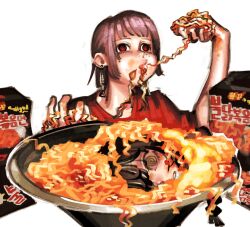 2girls black_hair chainsaw_man earrings eating fami_(chainsaw_man) food gar_rooster grey_eyes grey_hair highres holding holding_food jewelry messy mole mole_under_eye mole_under_mouth multiple_girls multiple_moles nayuta_(chainsaw_man) noodles red_eyes red_shirt ringed_eyes shirt simple_background solo white_background