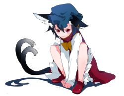 Rule 34 | 1girl, alternate costume, animal ears, arms between legs, bad id, bad pixiv id, black hair, blue hat, blush, blush stickers, bow, bowtie, chen, commentary request, hair between eyes, hat, highres, ikurauni, looking at viewer, multicolored clothes, red eyes, red footwear, short hair, solo, tail, touhou, white background