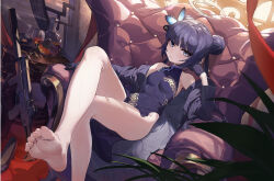 Rule 34 | 1girl, absurdres, bare legs, barefoot, black hair, blue archive, blue eyes, breasts, butterfly hair ornament, china dress, chinese clothes, couch, dragon print, dress, feet, hair ornament, halo, highres, kisaki (blue archive), legs, long hair, looking at viewer, on couch, pelvic curtain, r1zen, small breasts, soles, solo, toes, twintails