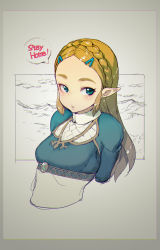 Rule 34 | 1girl, blonde hair, breasts, commentary request, english text, forehead, green eyes, grey background, hair ornament, hairclip, highres, long hair, looking at viewer, medium breasts, mg no29, namaniku atk, nintendo, pointy ears, princess zelda, sketch, small breasts, solo, the legend of zelda, the legend of zelda: breath of the wild, thick eyebrows
