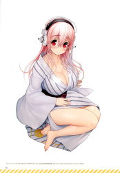 Rule 34 | 1girl, absurdres, arm support, barefoot, blush, breasts, cleavage, collarbone, feet, fingernails, headphones, highres, japanese clothes, kimono, large breasts, looking at viewer, nitroplus, official art, page number, pink hair, red eyes, scan, simple background, sitting, smile, solo, striped, super sonico, toes, vertical stripes, white background, wide sleeves, yukata