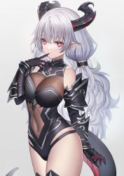 Rule 34 | + +, 1girl, armor, bare shoulders, black armor, black leotard, bodystocking, breasts, closed mouth, commentary request, covered collarbone, covered navel, cowboy shot, curled horns, demon girl, demon horns, demon tail, detached sleeves, finger to mouth, gauntlets, grey hair, hair between eyes, hair tubes, highres, horns, large breasts, leotard, long hair, looking at viewer, original, pointy ears, red eyes, sidelocks, simple background, sion (9117), smile, solo, standing, tail, white background