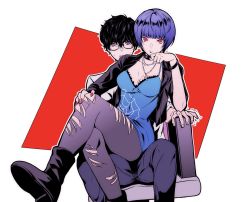 Rule 34 | 1boy, 1girl, amamiya ren, black collar, black footwear, black hair, black jacket, blue hair, blue shirt, blunt bangs, bracelet, breasts, chair, cleavage, collar, commentary, cropped jacket, cross, cross necklace, feet out of frame, foot out of frame, glasses, grey eyes, grey pants, hair between eyes, hand on own cheek, hand on own face, hand on own knee, igusaharu, jacket, jewelry, looking at viewer, medium breasts, nail polish, necklace, open clothes, open jacket, pants, persona, persona 5, red background, red eyes, red nails, serious, shirt, short hair, sidelocks, simple background, sitting, sitting on lap, sitting on person, spider web print, takemi tae, torn clothes, torn pants, twitching, two-tone background, white background, white shirt