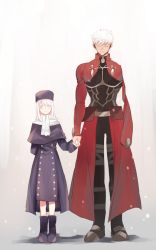 Rule 34 | 1boy, 1girl, amputee, archer (fate), armor, bad id, bad pixiv id, blush, boots, brother and sister, buttons, capelet, closed eyes, coat, fate/stay night, fate (series), full body, fur hat, gradient background, hat, holding hands, illyasviel von einzbern, long sleeves, medium hair, missing limb, papakha, purple capelet, purple coat, purple footwear, purple headwear, scarf, siblings, sidelocks, size difference, smile, takashi (onikukku), tassel, waist cape, white hair, white neckwear, white scarf, winter clothes
