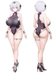 Rule 34 | 1girl, absurdres, alicia renato (yashiro sousaku), ass, bare arms, bare shoulders, black footwear, black one-piece swimsuit, breasts, butt crack, closed mouth, commentary request, commission, covered navel, crossed bangs, full body, grey hair, hair ornament, haoni, high heels, highres, huge breasts, multiple views, one-piece swimsuit, original, red eyes, short hair, sideboob, simple background, smile, standing, swimsuit, thigh strap, thighs, white background, yellow eyes