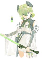 Rule 34 | 1girl, baifeidaiwang, bare shoulders, check hairstyle, closed mouth, color guide, cropped legs, crossed bangs, detached sleeves, dress, flat chest, folded twintails, green hair, grey eyes, hairstyle request, headgear, highres, holding, holding weapon, light smile, looking at viewer, original, simple background, sketch, solo, tassel, thigh strap, weapon, white background, white dress