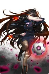 Rule 34 | 1girl, ball, belt, black footwear, boots, brown hair, comiccho, crovia (soccer spirits), fingerless gloves, gloves, gun, highres, holster, long hair, looking to the side, necktie, official art, pantyhose, red eyes, skull, soccer ball, soccer spirits, solo, standing, standing on one leg, striped necktie, striped neckwear, studded bracelet, tattoo, torn clothes, torn pantyhose, transparent background, very long hair, weapon