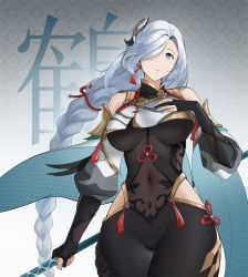 Rule 34 | 1girl, bare shoulders, black pantyhose, bodysuit, braid, breasts, closed mouth, covered navel, cowboy shot, earrings, elbow gloves, gan-viking, genshin impact, gloves, gold trim, gradient background, hair ornament, hair over one eye, hand on own chest, highres, holding, holding weapon, jewelry, large breasts, long hair, low-braided long hair, low-tied long hair, multicolored eyes, nail polish, pantyhose, partially fingerless gloves, puffy short sleeves, puffy sleeves, shenhe (genshin impact), short sleeves, solo, tassel, tassel earrings, thick thighs, thigh gap, thighs, weapon, white hair