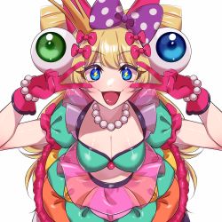 Rule 34 | 1girl, :d, blonde hair, blue eyes, bow, bracelet, breasts, cleavage, cowboy shot, crown, double v, eyeball, eyelashes, gem, gloves, green eyes, hair bow, highres, jewelry, leaning forward, lightning bolt symbol, long hair, looking at viewer, midriff, mini crown, namakotaic, necklace, open mouth, pearl (gemstone), pearl bracelet, pearl necklace, pink bow, polka dot, polka dot bow, puffy short sleeves, puffy sleeves, purple bow, red gloves, see-through, shiny skin, short sleeves, simple background, smile, snk, solo, sylvie paula paula, symbol-shaped pupils, the king of fighters, the king of fighters xiv, v, white background