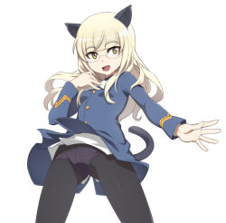 Rule 34 | 1girl, animal ears, ascot, black pantyhose, blonde hair, blue jacket, blunt bangs, cat ears, cat tail, commentary, cowboy shot, crotch seam, gesture, glasses, hand in own hair, jacket, long hair, long sleeves, looking at viewer, military, military uniform, nanashino, open mouth, panties, panties under pantyhose, pantyhose, perrine h. clostermann, simple background, smile, solo, standing, strike witches, tail, underwear, uniform, white ascot, white background, world witches series, yellow eyes