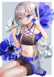 Rule 34 | 1girl, absurdres, bare shoulders, black shirt, black shorts, blue eyes, braid, breasts, cleavage, crop top, flower, hair ribbon, halterneck, hands up, highres, holding, long hair, looking at viewer, medium breasts, midriff, navel, original, ribbon, shirt, short shorts, shorts, sinobi illust, sitting, solo, stomach, thighs, twintails, white flower, white hair
