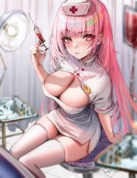 Rule 34 | 1girl, absurdres, blurry, blurry background, blush, breasts, cleavage, dress, hat, highres, holding, holding syringe, hololive, hololive english, large breasts, long hair, looking at viewer, mori calliope, nurse, nurse cap, pink eyes, pink hair, rosebell, short sleeves, side slit, signature, solo, syringe, thighhighs, thighs, virtual youtuber