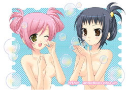 Rule 34 | 00s, 2girls, bath, black hair, blush, breasts, brown eyes, bubble, censored, convenient censoring, folded ponytail, hair ornament, hair up, hairclip, hazuki ruka, lowres, multiple girls, nanto yaya, nude, okuwaka tsubomi, one eye closed, pink hair, short twintails, small breasts, strawberry panic!, twintails, wink, yellow eyes