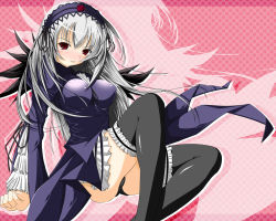 Rule 34 | 00s, 1girl, arm support, black dress, black panties, black thighhighs, blush, breasts, dress, frilled thighhighs, frills, hairband, lingerie, long hair, panties, pantyshot, petticoat, red eyes, rozen maiden, silver hair, sitting, solo, suigintou, thighhighs, underwear, wallpaper, zoom layer