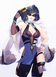 Rule 34 | 1girl, absurdres, aqua eyes, arm up, armpit peek, asymmetrical gloves, bare arms, bare shoulders, black gloves, black pantyhose, blue dress, blue hair, blunt bangs, bob cut, bracelet, breasts, card, cleavage, cleavage cutout, clothing cutout, commentary, contrapposto, covered collarbone, cowboy shot, credit card, diagonal bangs, dice, dress, elbow gloves, english commentary, eyelashes, fur-trimmed jacket, fur trim, genshin impact, glasses, glint, gloves, gradient hair, hand on own hip, highres, holding, holding card, jacket, unworn jacket, jewelry, large breasts, lart art1, lips, long sleeves, looking at viewer, mismatched gloves, mole, mole on breast, multicolored hair, pantyhose, parted lips, pelvic curtain, pendant, short hair, simple background, single elbow glove, smile, solo, standing, sunglasses, tassel, thighhighs, tsurime, vision (genshin impact), watermark, white background, white gloves, white jacket, yelan (genshin impact)