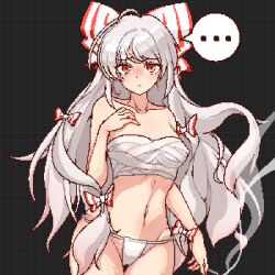 Rule 34 | ..., 1girl, ahoge, black background, breasts, chest sarashi, cigarette, closed mouth, commentary request, covered erect nipples, cowboy shot, eaglov, fujiwara no mokou, fundoshi, grey hair, holding, holding cigarette, japanese clothes, long hair, looking at viewer, medium breasts, navel, pixel art, red eyes, sarashi, see-through, simple background, smoke, solo, spoken ellipsis, touhou, variant set