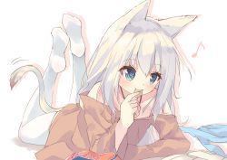 Rule 34 | 1girl, animal ears, bag of chips, bare shoulders, blue eyes, blush, brown dress, cat ears, cat girl, cat tail, chips (food), collarbone, dress, eating, eighth note, food, hair between eyes, halterneck, hamaru (s5625t), highres, holding, holding food, legs up, long hair, long sleeves, lying, musical note, no shoes, off-shoulder dress, off shoulder, on stomach, original, potato chips, reading, silver hair, soles, solo, tail, the pose, thighhighs, very long hair, white background, white thighhighs