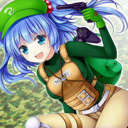 Rule 34 | &gt;:d, 1girl, :d, alternate costume, backpack, bag, blue eyes, blue hair, camouflage, controller, dualshock, finger on trigger, game controller, gamepad, gloves, gun, gun to head, hair bobbles, hair ornament, handgun, hat, holding, holding gun, holding weapon, kawashiro nitori, key, knee pads, looking at viewer, matching hair/eyes, open mouth, playstation controller, revolver, short hair, smile, solo, touhou, twintails, two side up, uzu hi, v-shaped eyebrows, vest, weapon