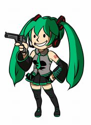 Rule 34 | 1girl, bare shoulders, boots, detached sleeves, fallout (series), green hair, grin, gun, gyamo, hand on own hip, handgun, hatsune miku, highres, hip focus, necktie, pleated skirt, revolver, skirt, smile, solo, tattoo, thigh boots, thighhighs, twintails, vault boy, vocaloid, weapon