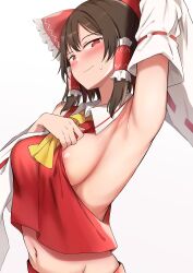 Rule 34 | 1girl, absurdres, areola slip, armpit peek, armpits, blush, bow, breasts, closed mouth, commentary request, detached sleeves, groin, hair bow, hair tubes, hakurei reimu, highres, large breasts, nagomian, navel, red bow, red eyes, red shirt, red skirt, shirt, sideboob, sidelocks, simple background, skirt, smile, solo, sweatdrop, touhou, upper body, white background