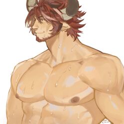Rule 34 | 1boy, abs, absurdres, animal ears, arknights, bara, beard, cow boy, cow ears, cow horns, facial hair, highres, horns, humus (arknights), large pectorals, looking to the side, male focus, mature male, mobrinono, multicolored hair, muscular, muscular male, nipples, pectoral focus, pectorals, red hair, short hair, smile, solo, streaked hair, sweat, thick eyebrows, upper body